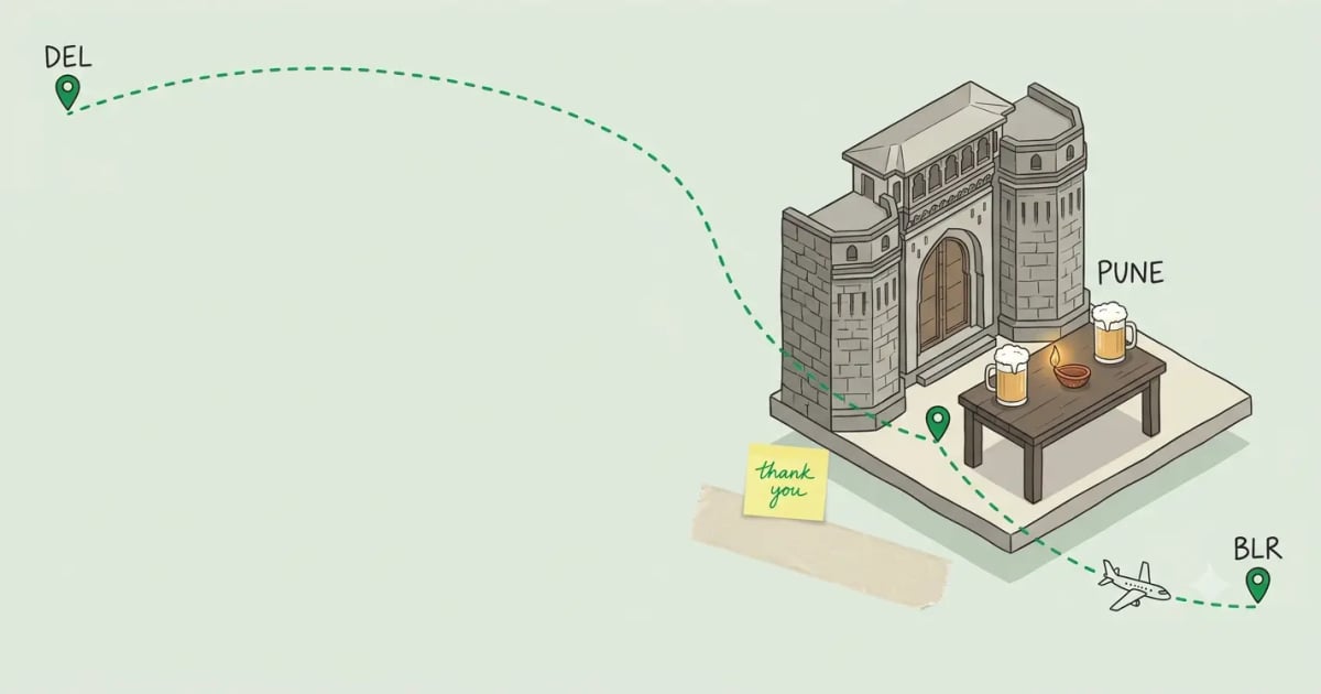 An isometric Pune scene with a gateway, a brewery table with beer mugs and a Diwali diya, and a green flight path running from Delhi through Pune to Bangalore