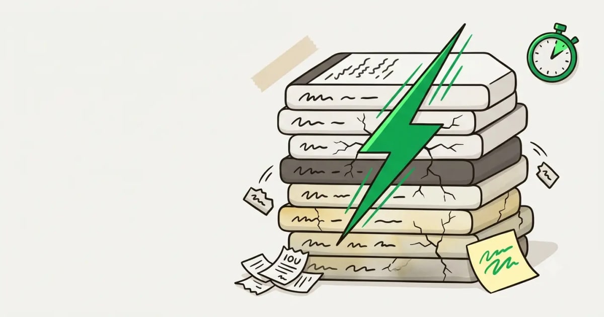 Eight aging, cracked code slabs struck by a green lightning bolt, with IOU slips piling at the base